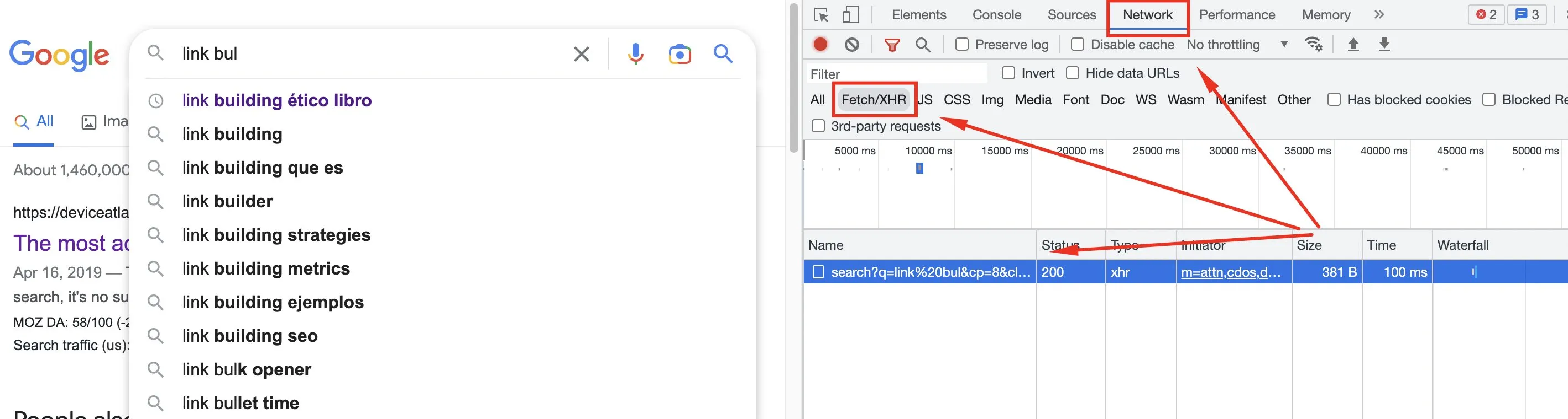 Pestaña Network de Dev Tools filtrada por Fetch/XHR